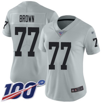 Nike Las Vegas Raiders #77 Trent Brown Silver Women's Stitched NFL Limited Inverted Legend 100th Season Jersey